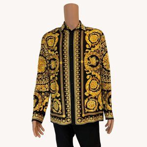 VERSACE BARROCCO SILK TWILL SHIRT IN BLACK + GOLD